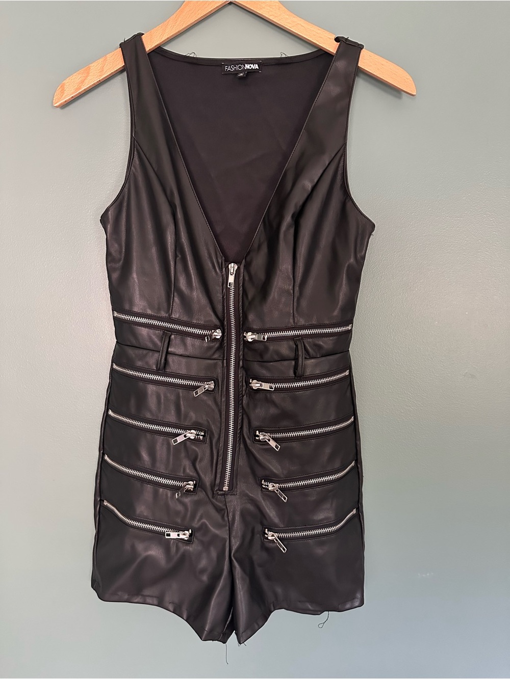 Sexy and bold Fashion Nova Black Faux Leather Zipper Detail Jumpsuit size small
